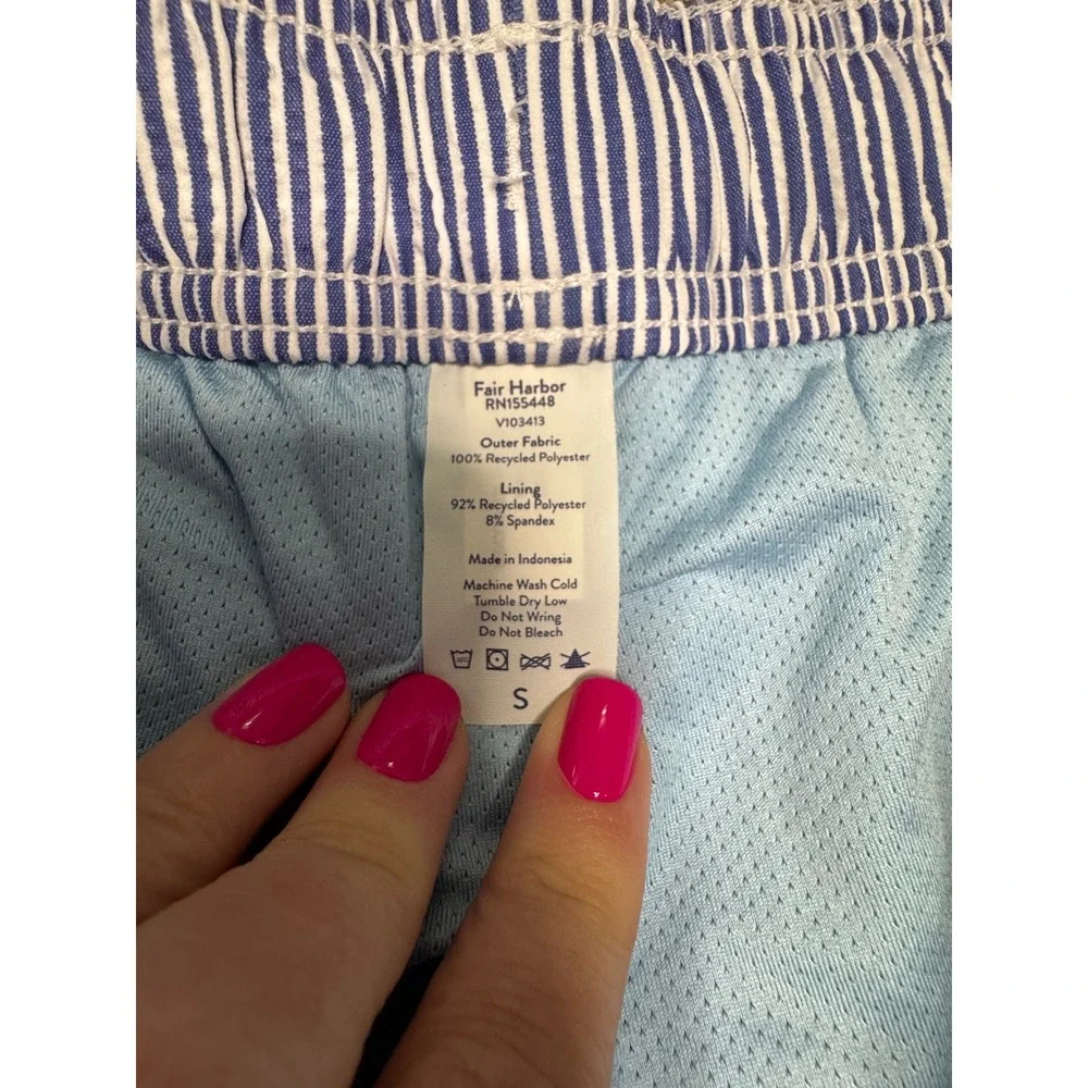 Fair Harbor The Bayberry Swim Trunks Blue White Seersucker Stripe Mens Small